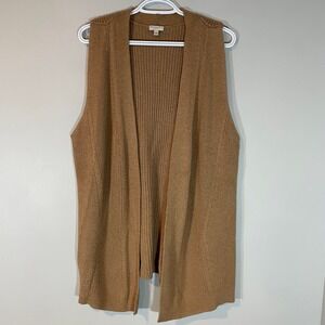 Talbots Woman 1X Camel Tan Ribbed Knit Open Front Vest Sleeveless Cardigan